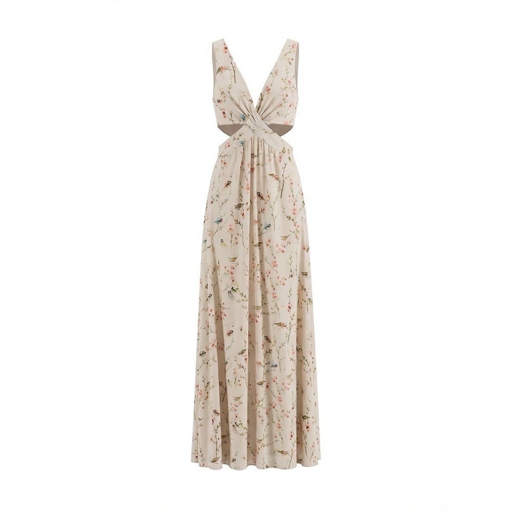 Zara Cherry Blossom Floral Bird Print Open Side Cut Out Maxi Dress Medium